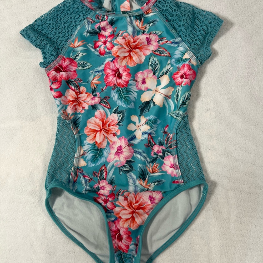 Art Class Floral Kids Swim One Piece - Teal and Pink